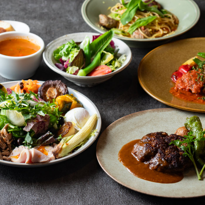 京都 烏丸御池 BONSAI 1877のランチメニュー(和牛ハンバーグやパスタや京野菜の惣菜)
